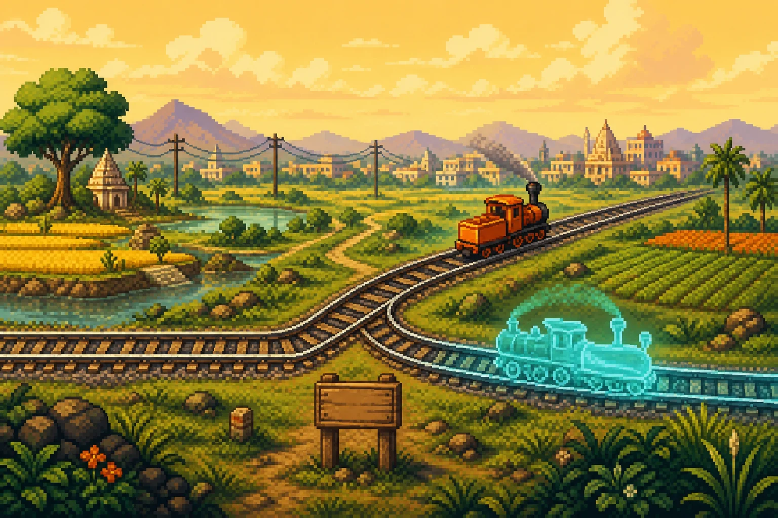 Pixel-art railway junction where real India and a made-up comparison India follow different paths