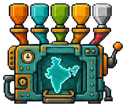 Pixel-art mixing machine combining five country pieces into one comparison India