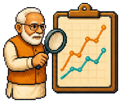 Pixel-art Narendra Modi using a magnifying glass to inspect two lines on a chart