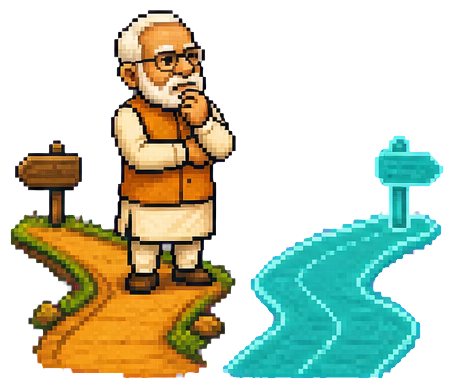 Pixel-art Narendra Modi considering two diverging paths
