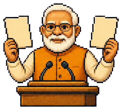Pixel-art Narendra Modi holding two promise cards at a podium