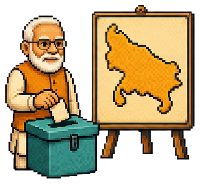 Pixel-art Narendra Modi beside a ballot box and a map of Uttar Pradesh